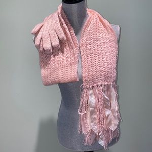 Pink Knit Ribbon Scarf and Gloves